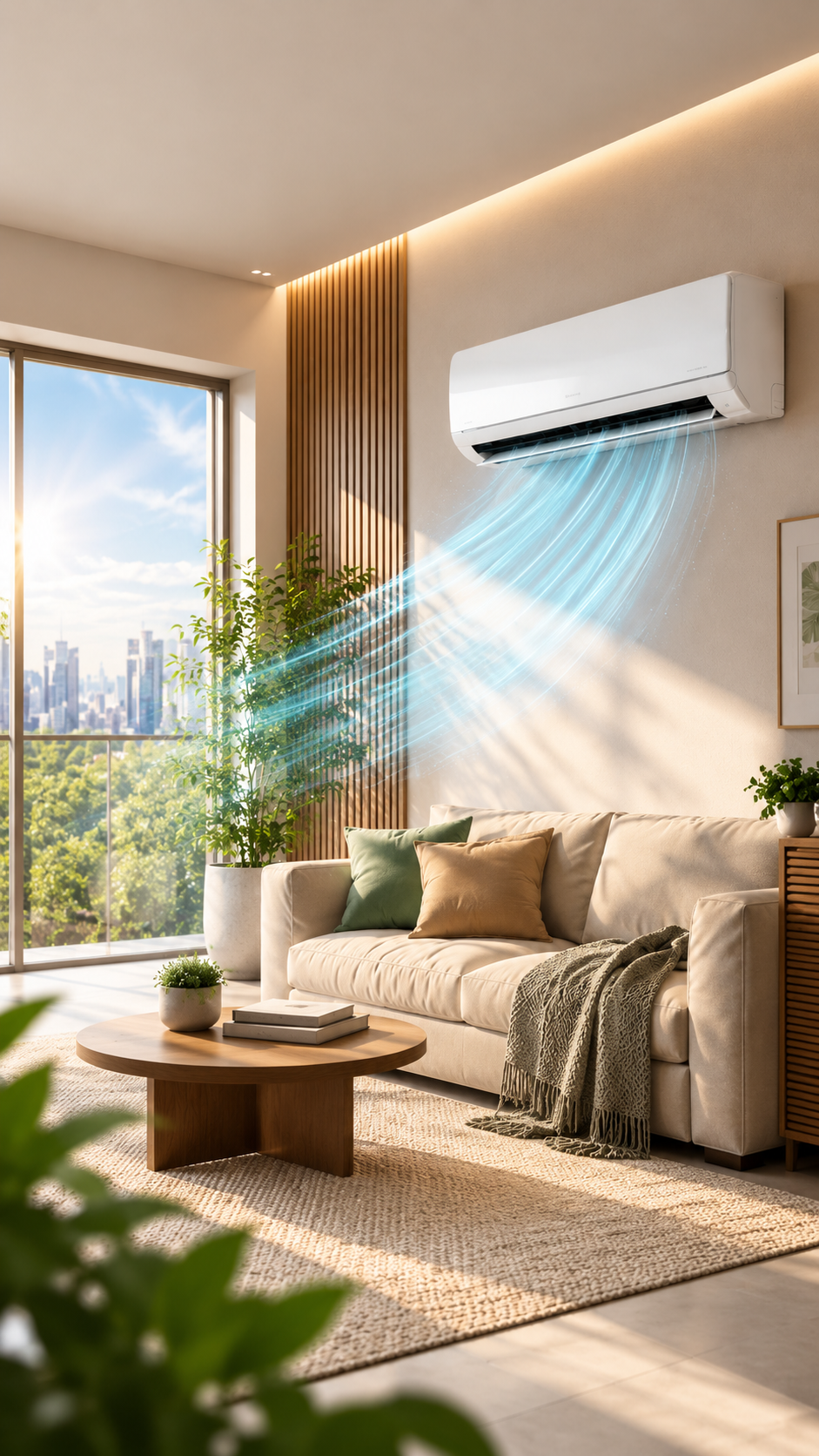 Sala de estar climatizada com ar condicionado split instalado na parede